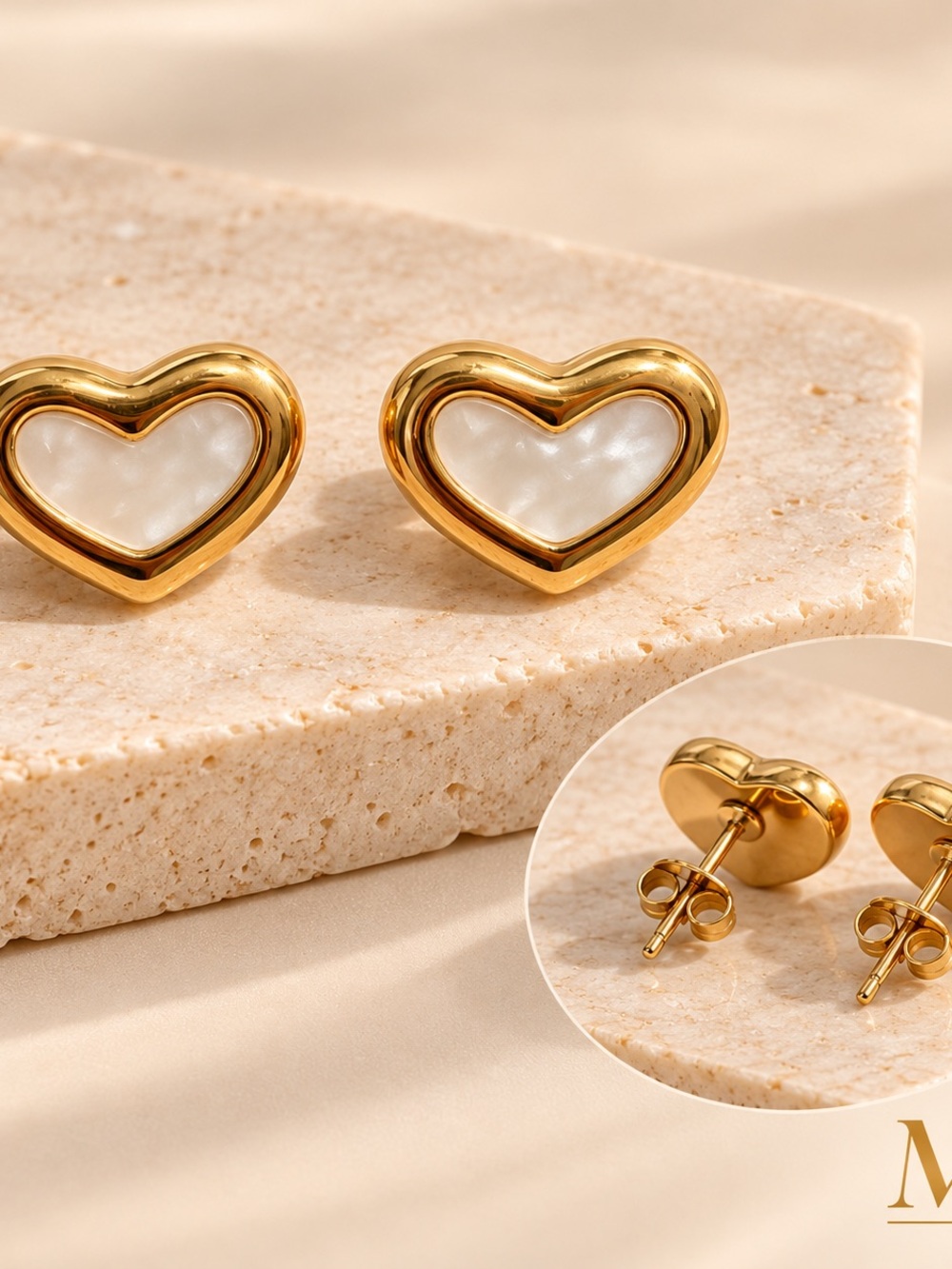 Gold Heart Stud Earrings with White Inlay